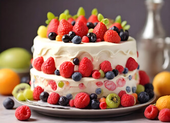 Yummy cream cake served with berries on it Ai Generated
