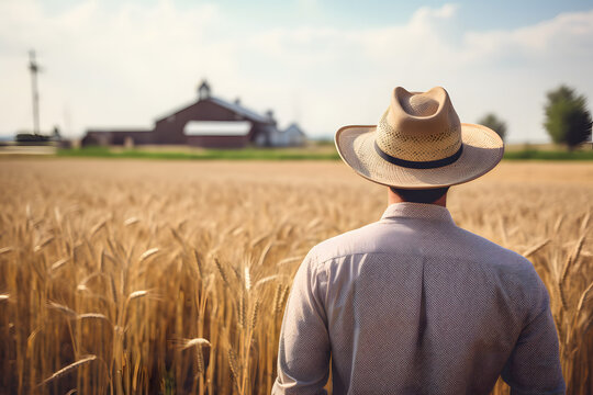 A Adult White American Farmer Man Standing On A Wheat Grass Field. Wearing A Hat. Photo Taken From Behind His Back. Agricultural Land Owner. Blurry Field And A Mansion Background.