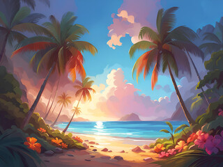 Fototapeta na wymiar Summer tropical beach with palm trees and tropical flowers at sunset.