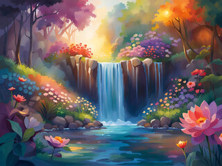 Beautiful waterfall flowers garden. Digital art landscape illustration.