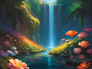 Beautiful waterfall flowers garden. Digital art landscape illustration.