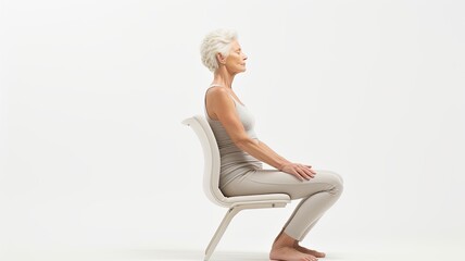 a senior woman engaged in a simple chair yoga exercise against a white background in a frontal pose, a commercial style with high-key lighting for a composition in a minimalist modern style.