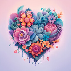 Illustration of a valentine's day decorative heart made of colorful flowers. Paint splatters.
