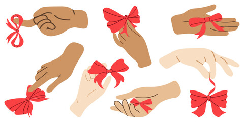A human hand holds a bow. A woman's hand holds a red bow on a ribbon. The man touches the bow. Holiday concept. Vector illustration