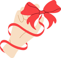 Female hand with a bow. The ribbon from the bow develops. Holiday concept. Vector illustration