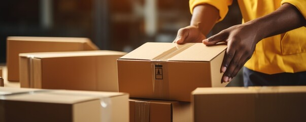 an employee of the transport company prepares packages for transport