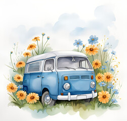 Vintage watercolor painting of a blue old van with flowers.	