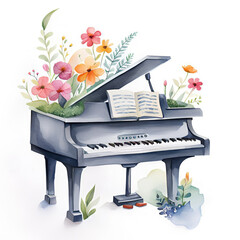 Vintage watercolor painting of a piano with flowers.	