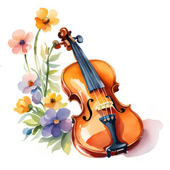 Fototapeta na wymiar Vintage watercolor painting of a violin with flowers. 