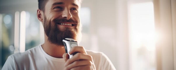 Happy man shaves his beard with a shaving machine