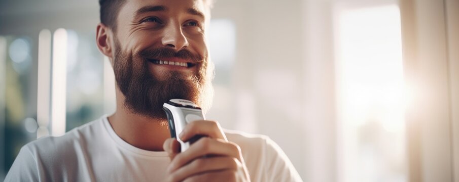 Happy man shaves his beard with a shaving machine
