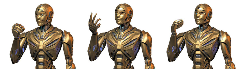 Detailed futuristic robot man or yellow humanoid cyborg looking at his arm and fingers. Set of three different poses. Upper body isolated on transparent background. 3d rendering