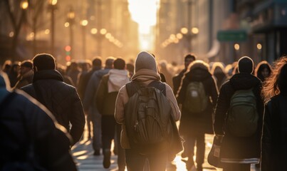 Crowd of people on the street in a busy city from behind.