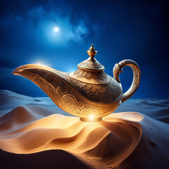 Beautiful golden genie lamp with decorative engravings, covered with sand, abandoned in the desert sands Night sky with moon.