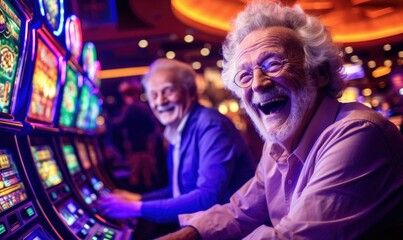 Obraz premium Crazy old man playing on slot machine in casino