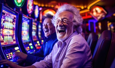 Fototapeta premium Crazy old man playing on slot machine in casino