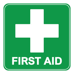 First aid sign, health cross medical symbol, medicine emergency illustration icon, safety design. Green square and white cross symbol with FIRST AID text below, vector illustration islated on white.