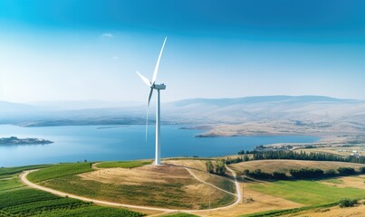 Wind turbine in beautiful landscape, production of clean and renewable energy, renewable and green energy concept - obrazy, fototapety, plakaty