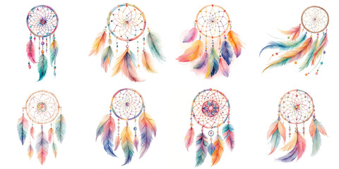 Collection of watercolor beautiful colorful pastel decorative dream catchers. - obrazy, fototapety, plakaty
