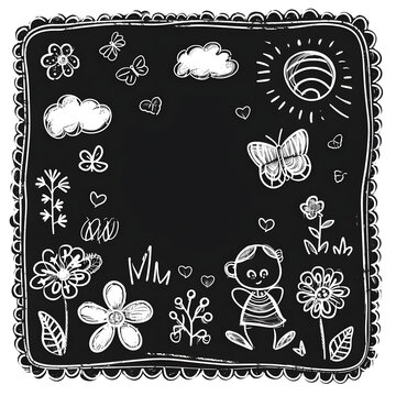 Chalkboard with spring doodles isolated on white background, outline, png
