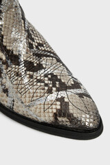 Pointy toe of grey women's fashion cossack Cowboy boot in python snake skin leather isolated on white background. Female classic spring autumn shoe with heel. Footwear in animal print. Close up