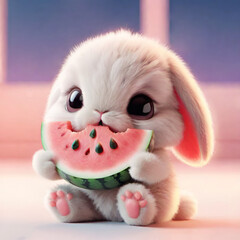 Cute little fluffy bunny eating watermelon.  Adorable bunny with watermelon. 