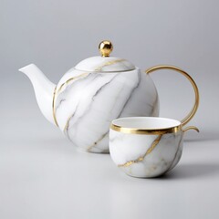 Beautiful white gold marble teapot and cup pictures AI Generated art