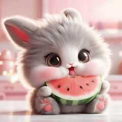 Cute little fluffy bunny eating watermelon.  Adorable bunny with watermelon. 