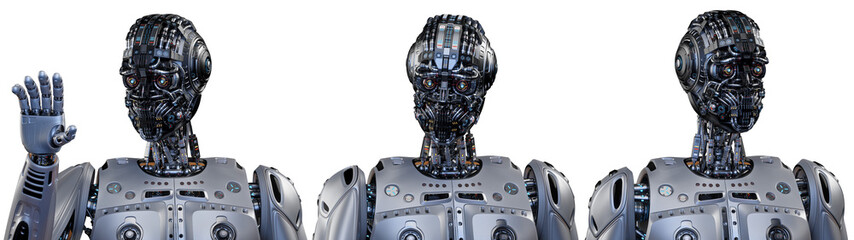 Very detailed futuristic robot man or humanoid cyborg looking at his arm. Set of three different poses. Upper body isolated on transparent background. 3d rendering