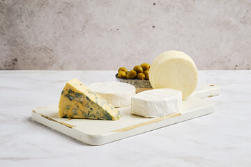 Assortment of cheese - brie, camembert, goat and cheese with blue mold