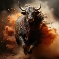 Foto op Plexiglas Portrait of a running bull in smoke, blood and fire. Traditional bullfighting in Spain. Dangerous bull hunt. Scary portrait of a bull running in the smoke. Bull's head in paint and smoke. © Наталия Горячих
