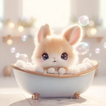 Cute little fluffy bunny taking a bath.  Adorable bunny sitting in a bathtub full of foam.