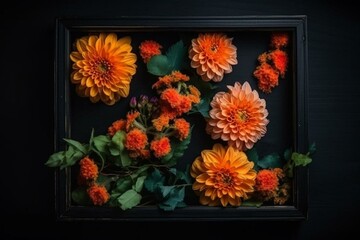 Top view of a wooden frame adorned with orange flowers and leaves against a black background. Generative AI