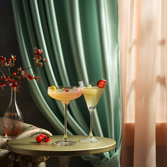 A retro set table for an party of drinking glasses. Sharp shadow, vintage concept. Vintage scene.