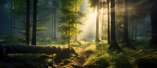 Sunlight filtering through the forest in the morning.