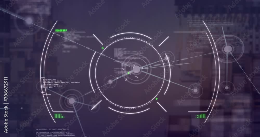 Poster animation of circular white scanner, communication network and data processing on black background