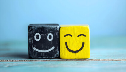 Smile face and sad face on wooden block cubes for positive mindset selection concept