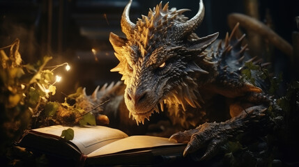 Chinese dragon reading a book, holograph, symbol of the year, horoscope, art, fairy tale, character, flames, illustration, new year, traditional, literature, myth, legend, monster, figurine