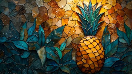 Stained glass window background with colorful pineapple abstract.