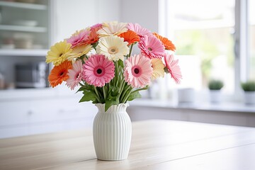 Bouquet of gerbera flower in vase on kitchen table - obrazy, fototapety, plakaty