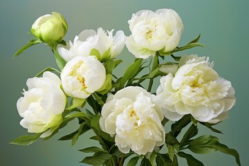 White peony flowers in vase on blurred green background