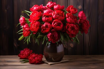 Red peony flowers in vase on wooden background