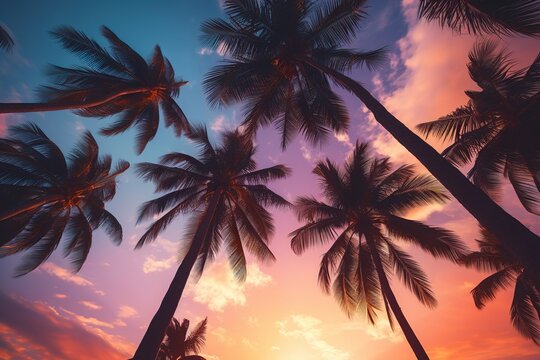 Bottom view of palm trees at sunset