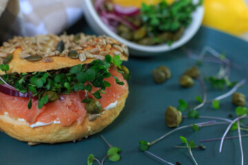 Gourmet Smoked Salmon Bagel With Fresh Herbs and Capers on a Stylish Ceramic Plate