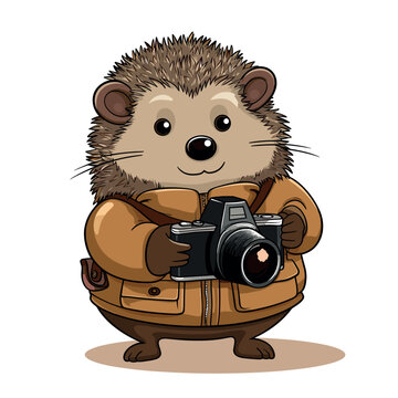 Hedgehog capturing photo with DSLR on White Background