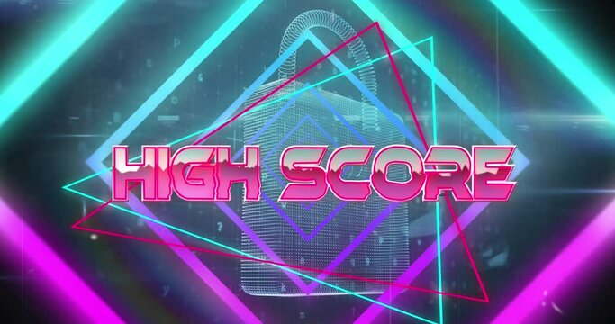 Animation of high score text in pink shiny letters over pink and blue neon shapes and padlock