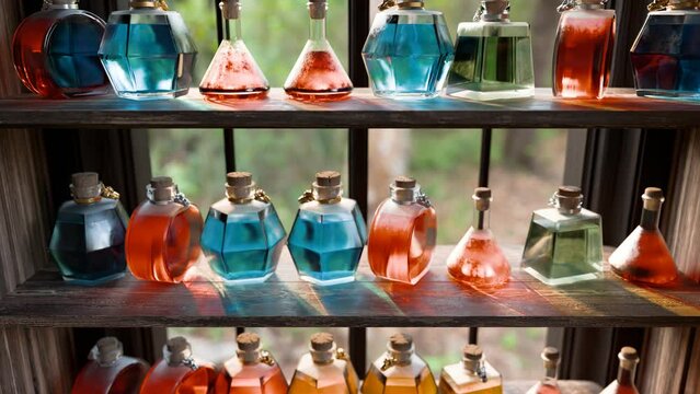 Artisanal Glass Bottles in Sunlight on Wooden Shelves