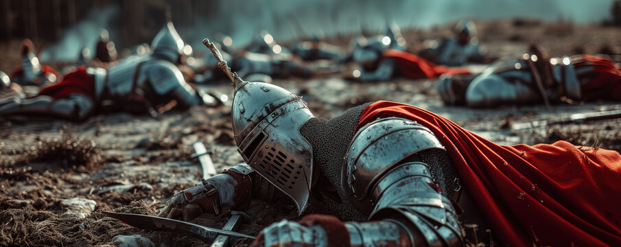 Bodies of medieval knights lying on battlefield