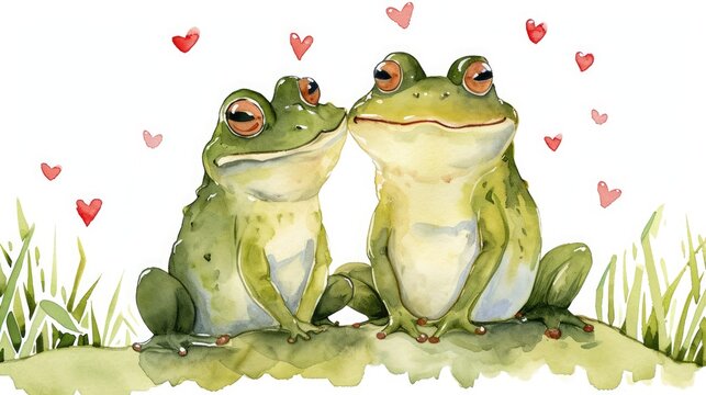 watercolor illustration of two loving frogs white background