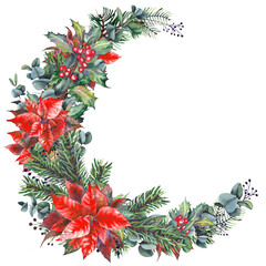 Christmas demi wreath with red Poinsettia flowers and forest branches. Hand painted watercolor illustration.